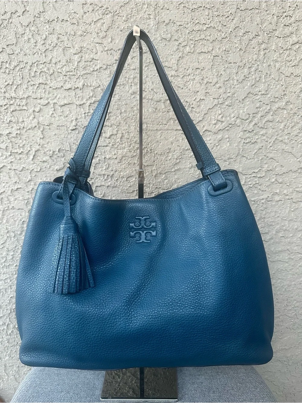 TORY BURCH Teal Leather Tassel Shoulder Bag